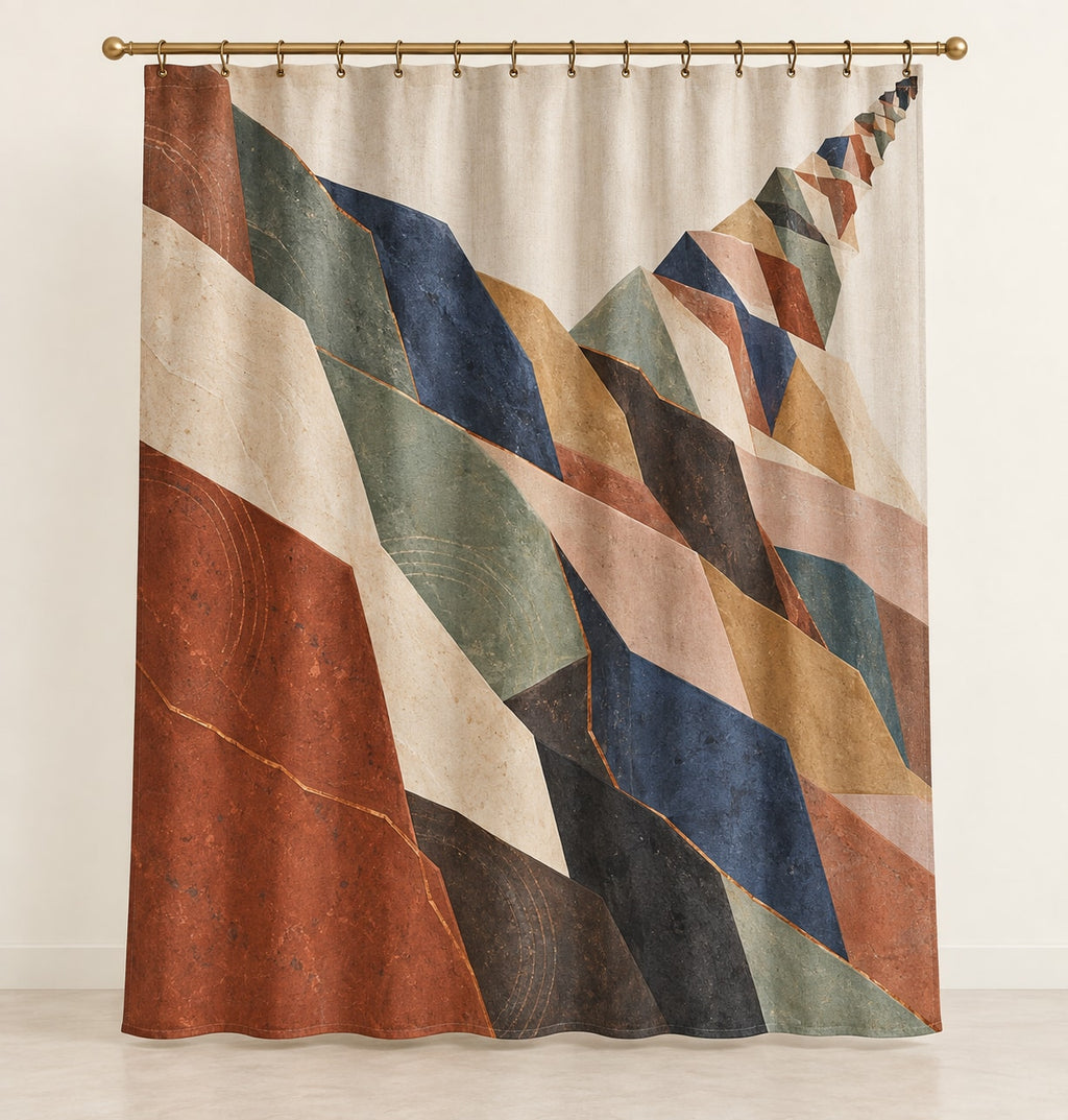 Clayfire Stratafall Shower Curtain with dimensional printed themed artwork; representative AI-generated mockup.