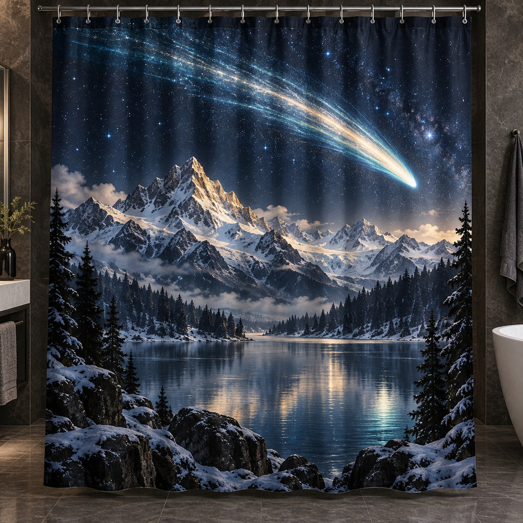 Comet Trail Shower Curtain with dimensional printed themed artwork; representative AI-generated mockup.