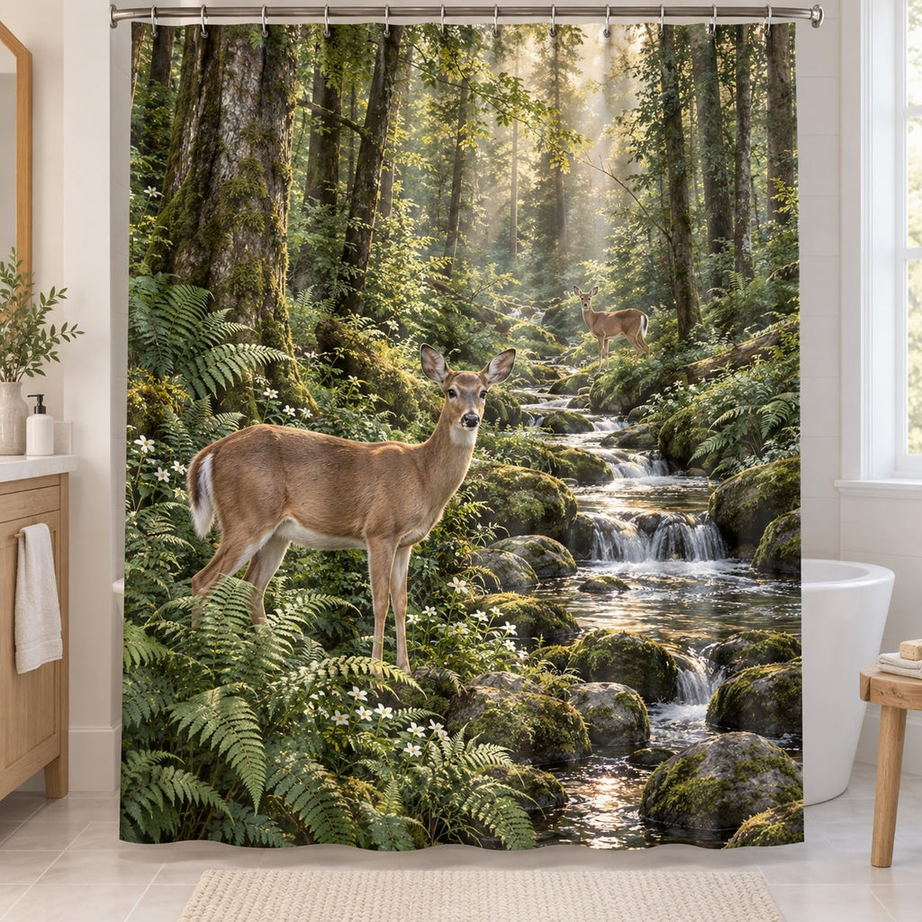 Deer and Ferns Shower Curtain with dimensional printed themed artwork; representative AI-generated mockup.