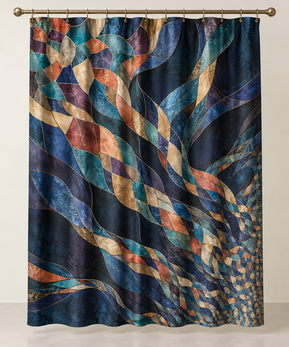 Prismatic Jigsaw Current Shower Curtain with dimensional printed themed artwork; representative AI-generated mockup.