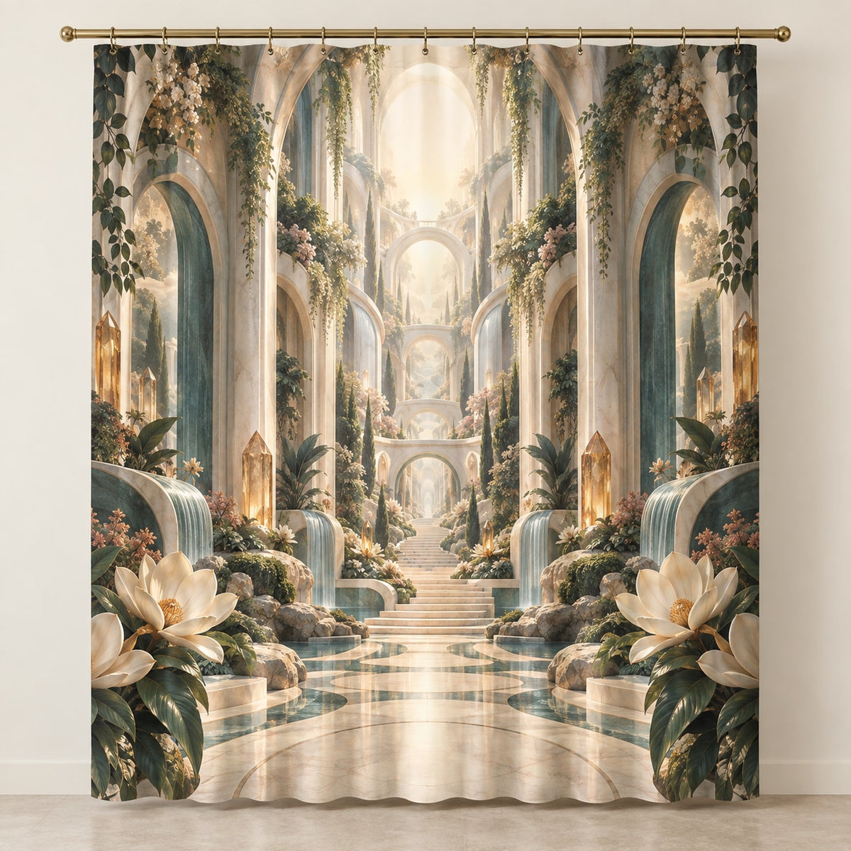 Voice Bloom Resonance Atrium Shower Curtain with dimensional printed themed artwork; representative AI-generated mockup.