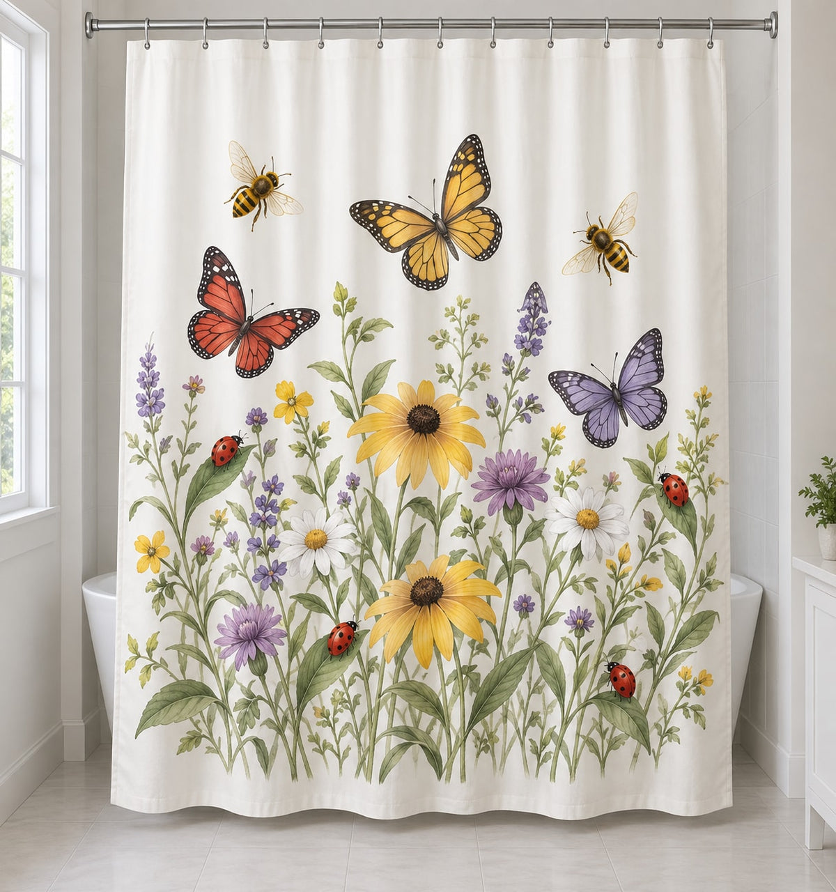 Garden Insect Counting Shower Curtain with dimensional printed themed artwork; representative AI-generated mockup.