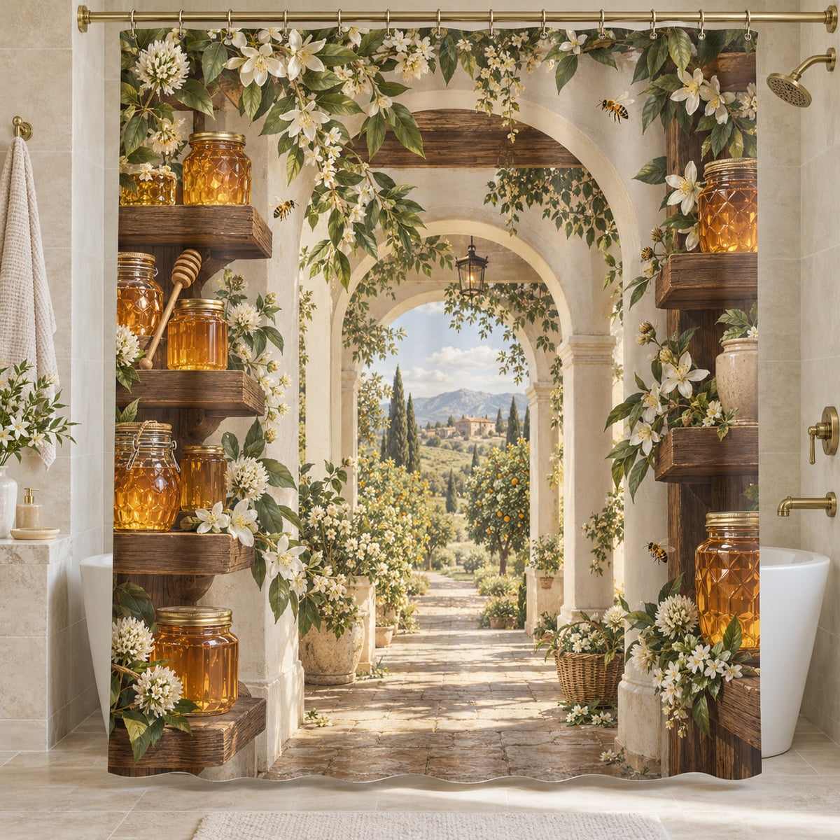 Honey Harvest Pantry Shower Curtain with dimensional printed themed artwork; representative AI-generated mockup.