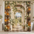 Honey Harvest Pantry Shower Curtain with dimensional printed themed artwork; representative AI-generated mockup.