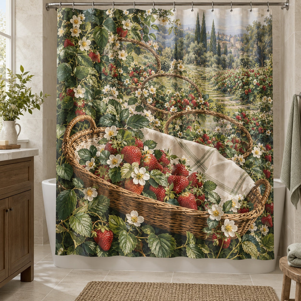 Strawberry Picnic Shower Curtain with dimensional printed themed artwork; representative AI-generated mockup.