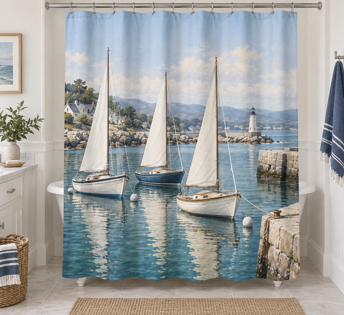 Sailboat Harbor Shower Curtain with dimensional printed themed artwork; representative AI-generated mockup.