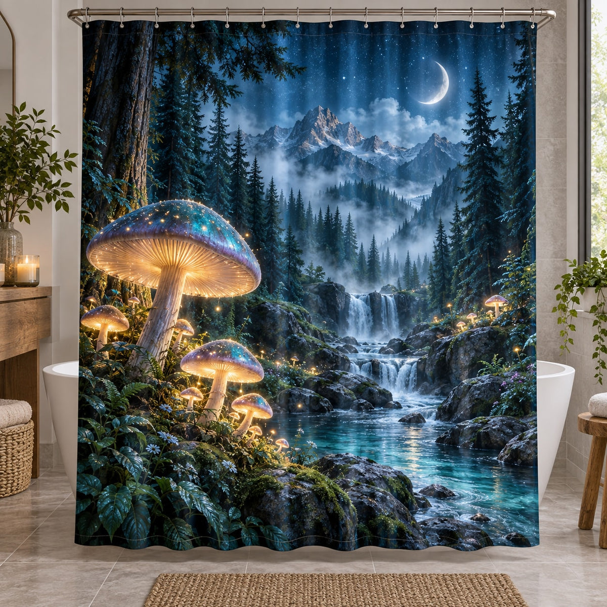 Celestial Mushroom Forest Shower Curtain with dimensional printed themed artwork; representative AI-generated mockup.