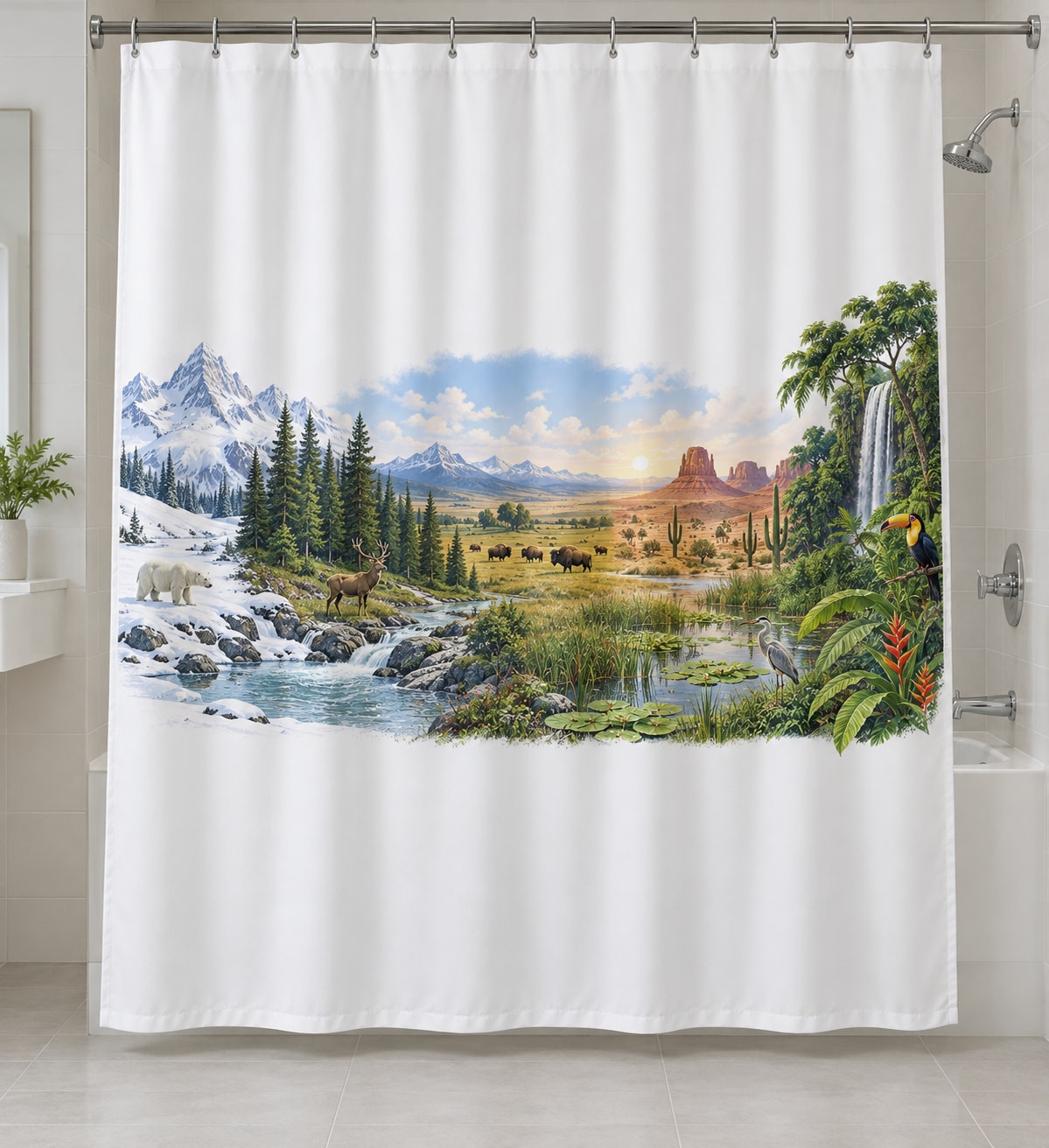 World Biomes Shower Curtain with dimensional printed themed artwork; representative AI-generated mockup.