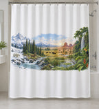 World Biomes Shower Curtain with dimensional printed themed artwork; representative AI-generated mockup.