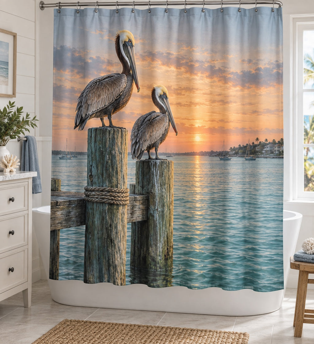 Pelican Dock Shower Curtain with dimensional printed themed artwork; representative AI-generated mockup.