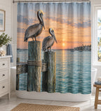 Pelican Dock Shower Curtain with dimensional printed themed artwork; representative AI-generated mockup.