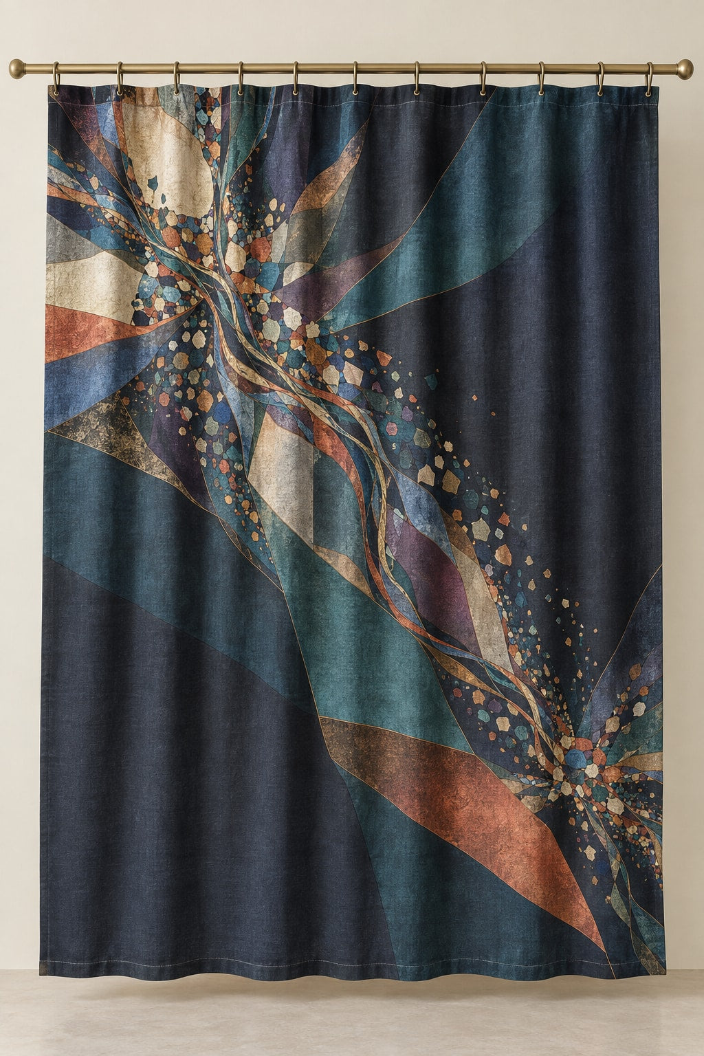Strategy Mosaic Relay Shower Curtain with dimensional printed themed artwork; representative AI-generated mockup.