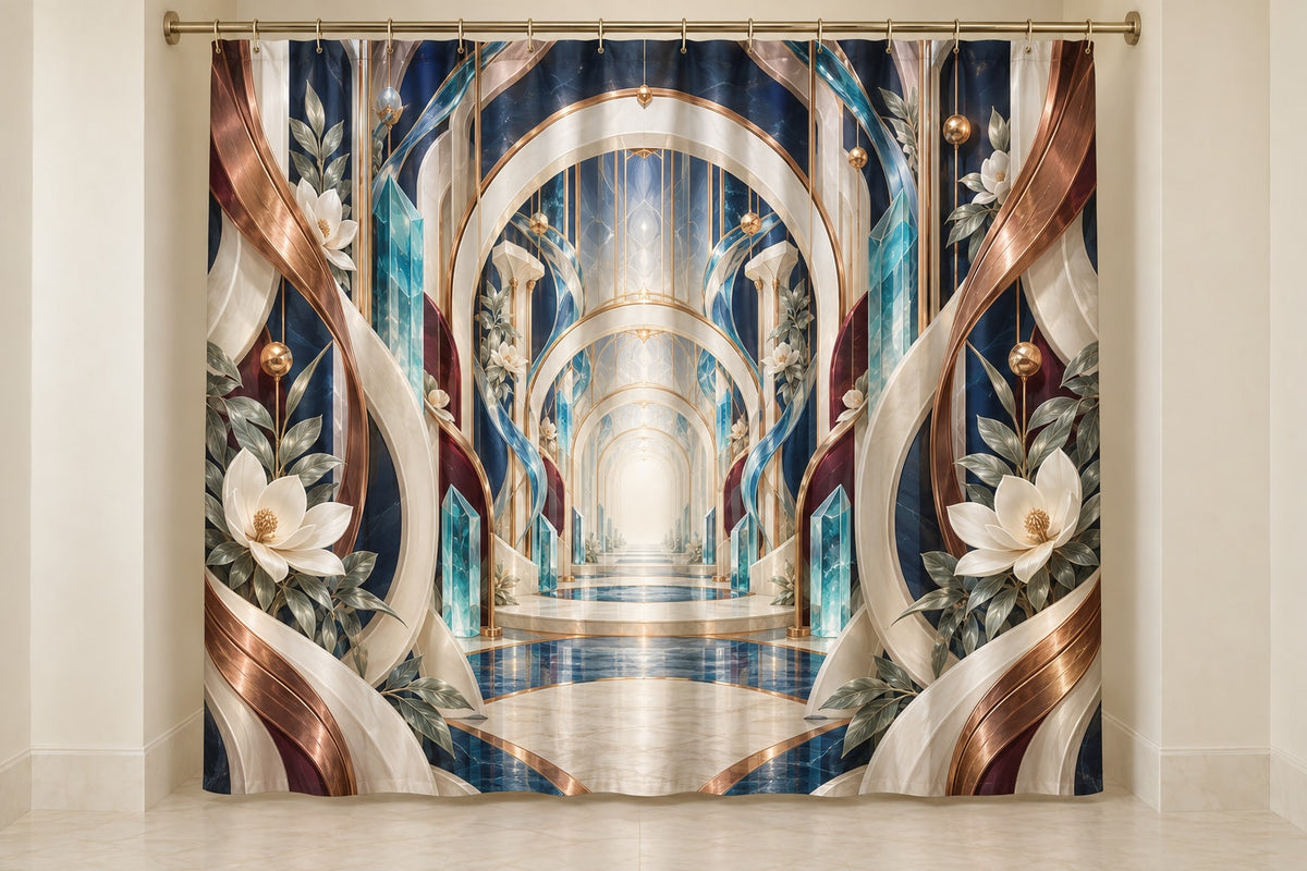 Luminous Circuit Sanctuary Shower Curtain with dimensional printed themed artwork; representative AI-generated mockup.