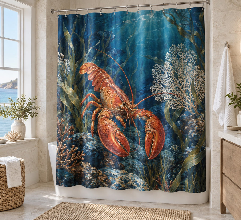 Lobster Coastal Kitchen Shower Curtain with dimensional printed themed artwork; representative AI-generated mockup.