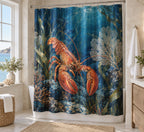 Lobster Coastal Kitchen Shower Curtain with dimensional printed themed artwork; representative AI-generated mockup.