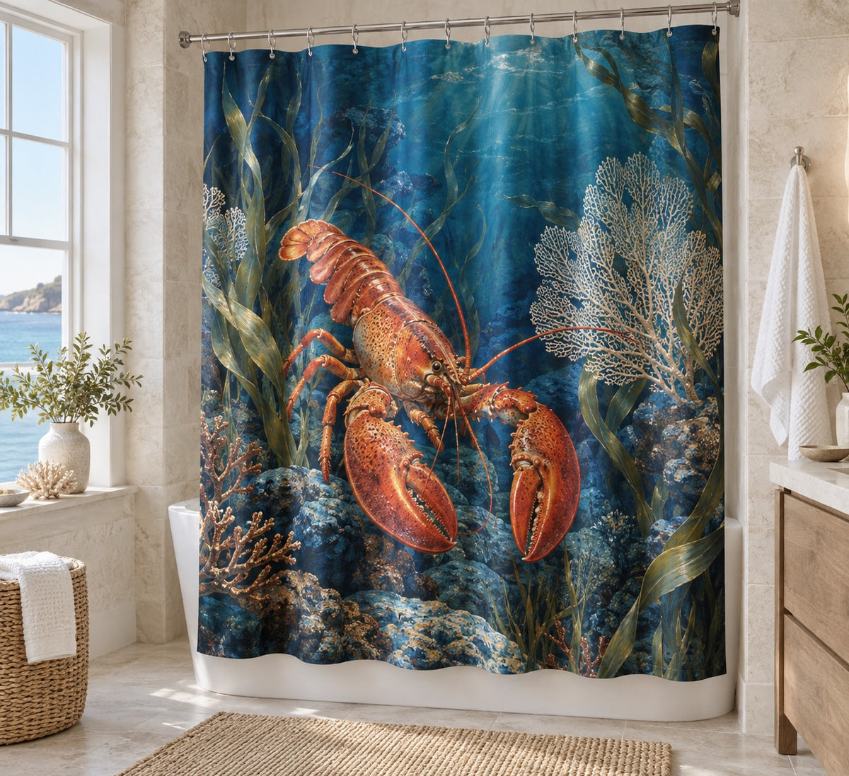 Lobster Coastal Kitchen Shower Curtain with dimensional printed themed artwork; representative AI-generated mockup.