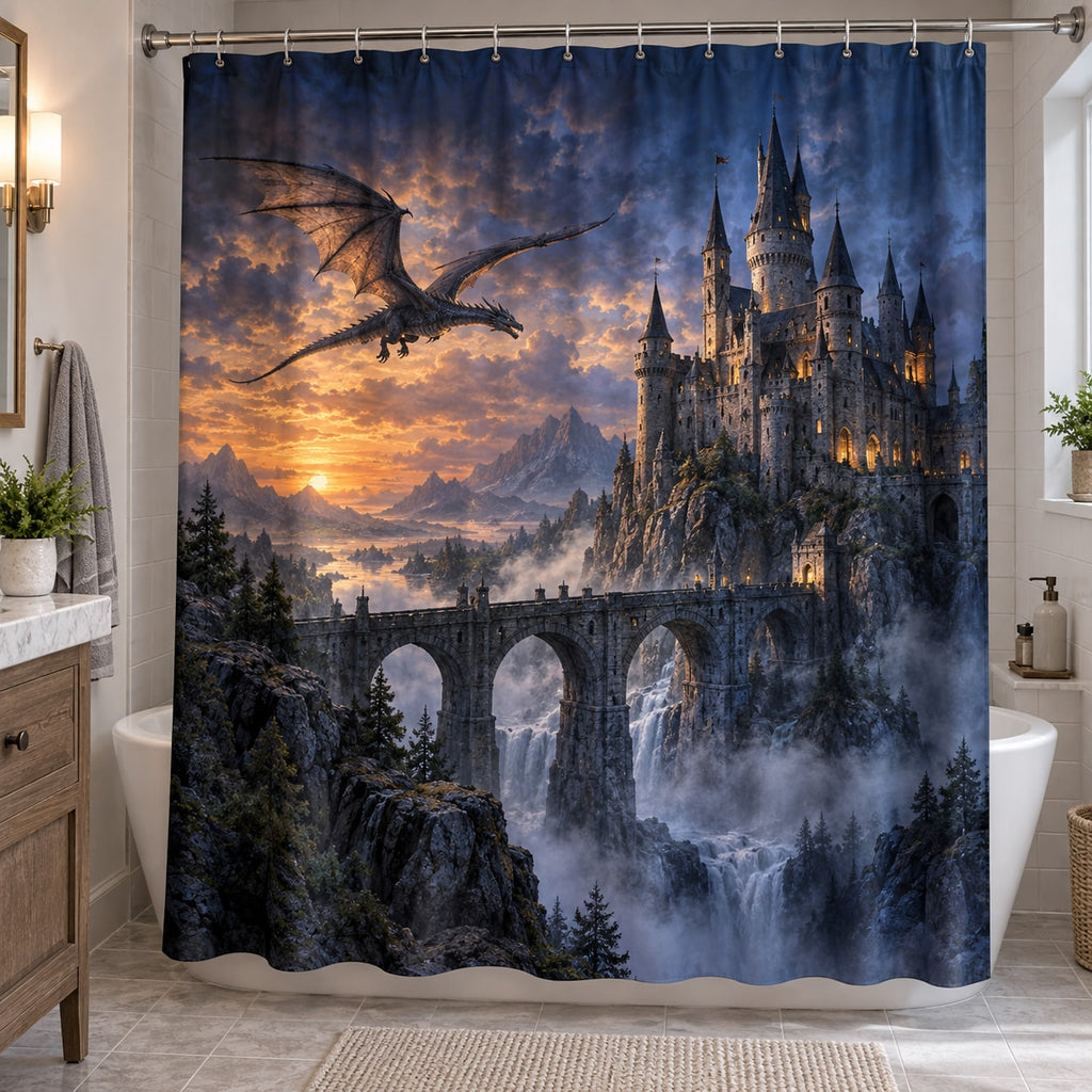 Dragon Castle Shower Curtain with dimensional printed themed artwork; representative AI-generated mockup.