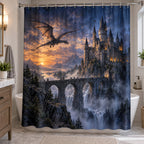 Dragon Castle Shower Curtain with dimensional printed themed artwork; representative AI-generated mockup.