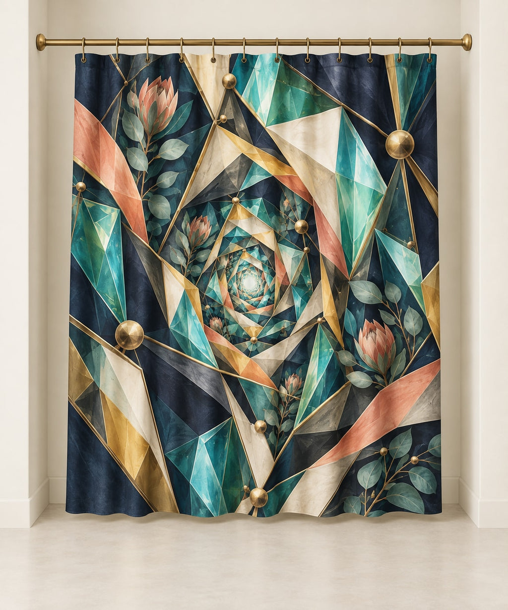 Venture Prism Atelier Shower Curtain with dimensional printed themed artwork; representative AI-generated mockup.