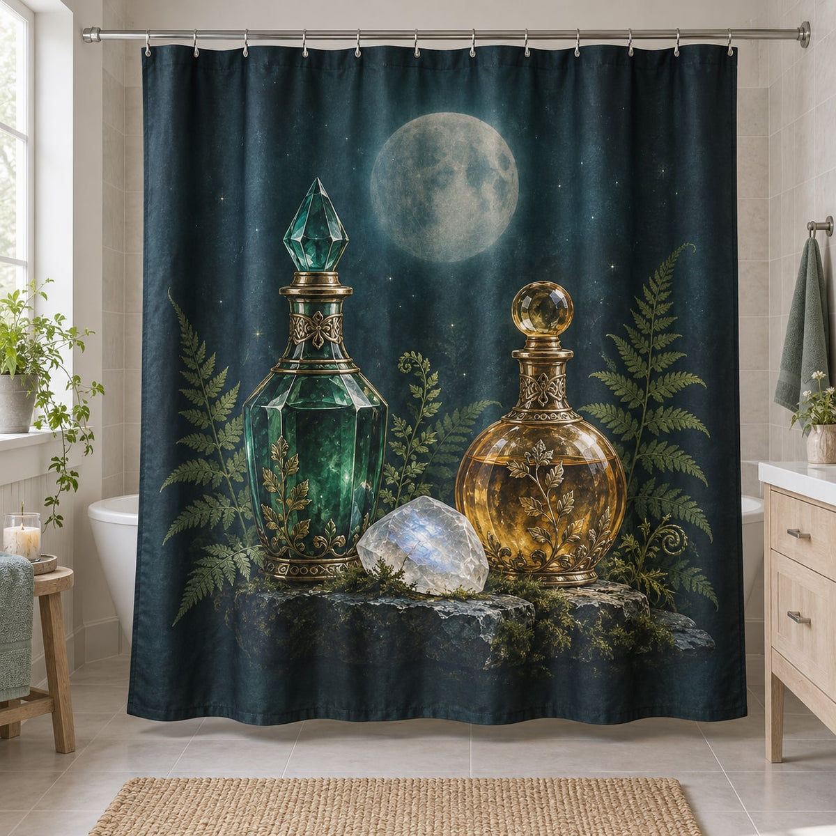 Potion Bottle Still Life Shower Curtain with dimensional printed themed artwork; representative AI-generated mockup.