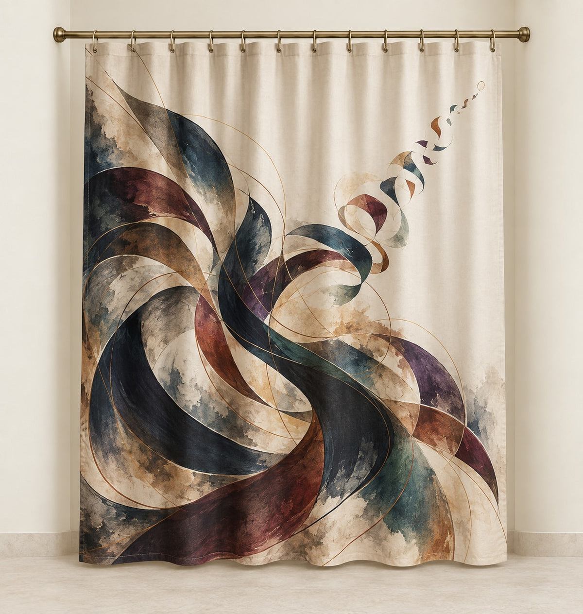 Cadence Inkfold Shower Curtain with dimensional printed themed artwork; representative AI-generated mockup.