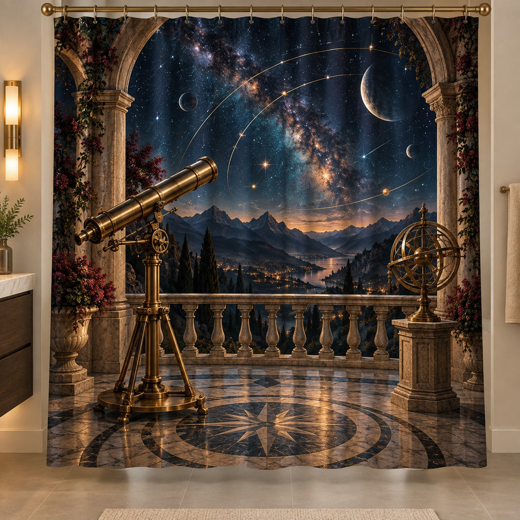 Astronomical Instruments Shower Curtain with dimensional printed themed artwork; representative AI-generated mockup.