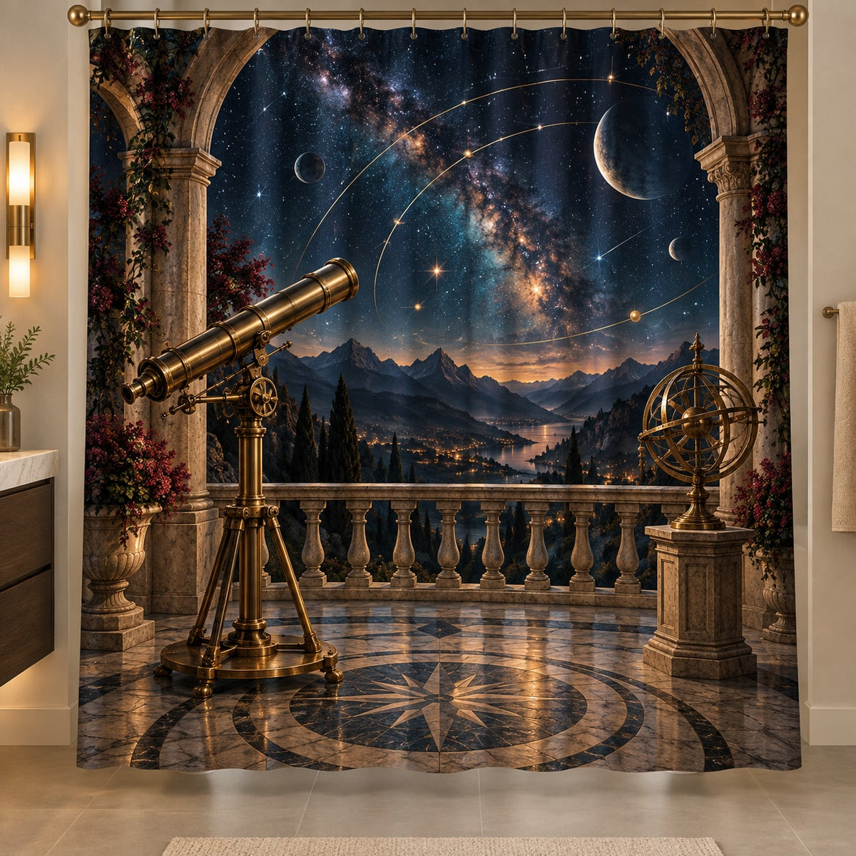 Astronomical Instruments Shower Curtain with dimensional printed themed artwork; representative AI-generated mockup.