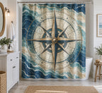 Nautical Compass Shower Curtain with dimensional printed themed artwork; representative AI-generated mockup.