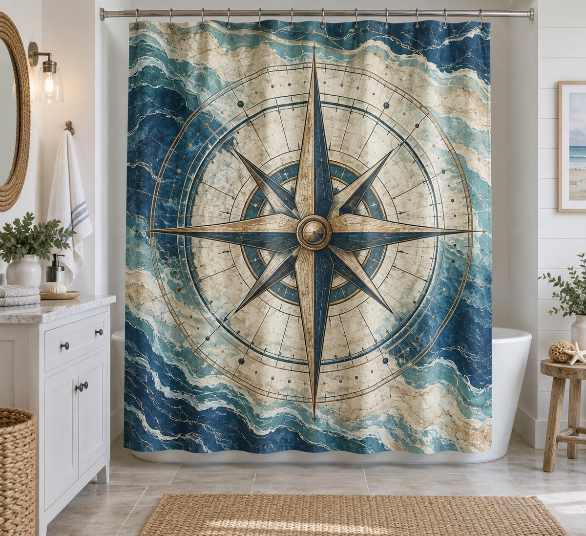 Nautical Compass Shower Curtain with dimensional printed themed artwork; representative AI-generated mockup.
