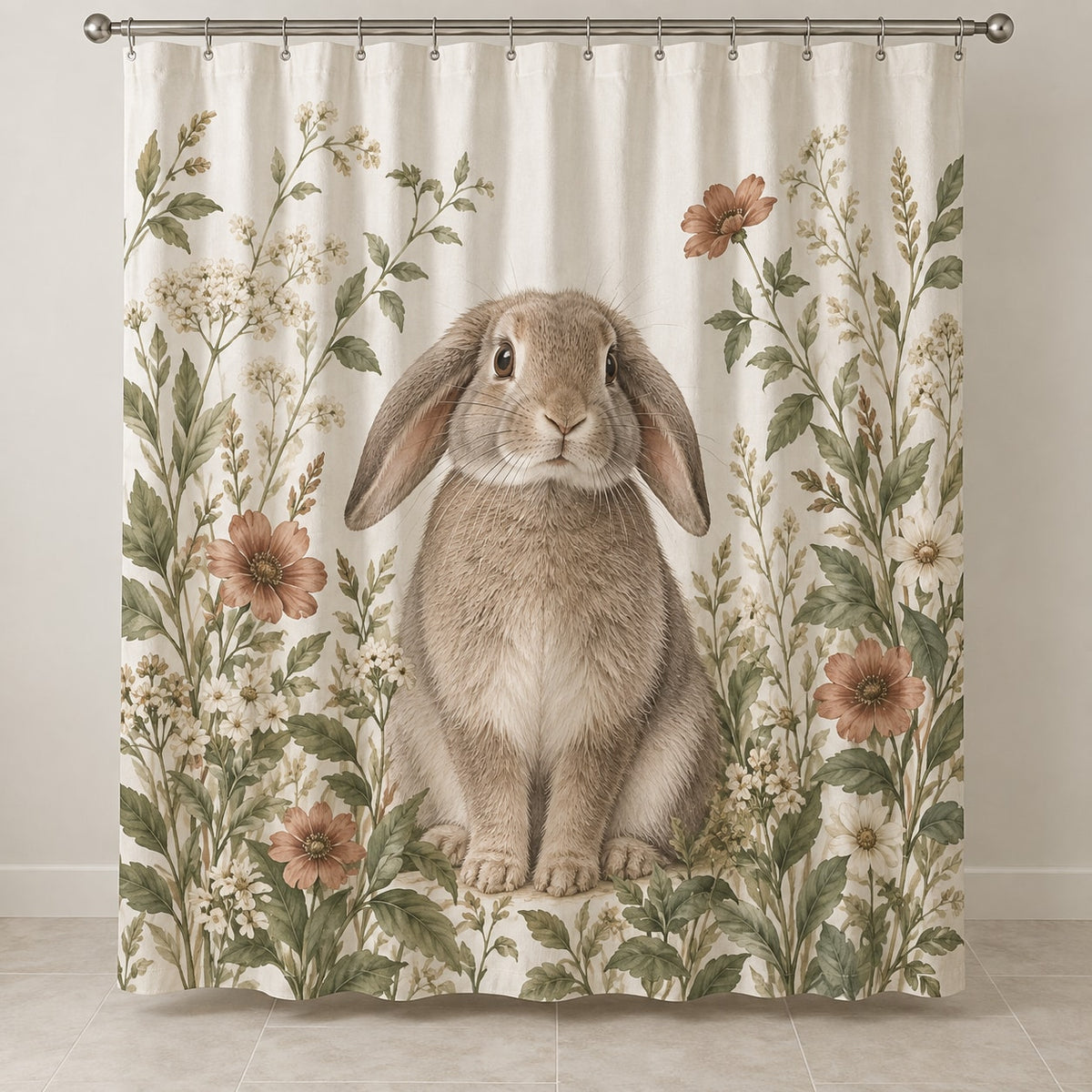 House Rabbit Companion Shower Curtain with dimensional printed themed artwork; representative AI-generated mockup.
