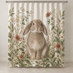 House Rabbit Companion Shower Curtain with dimensional printed themed artwork; representative AI-generated mockup.