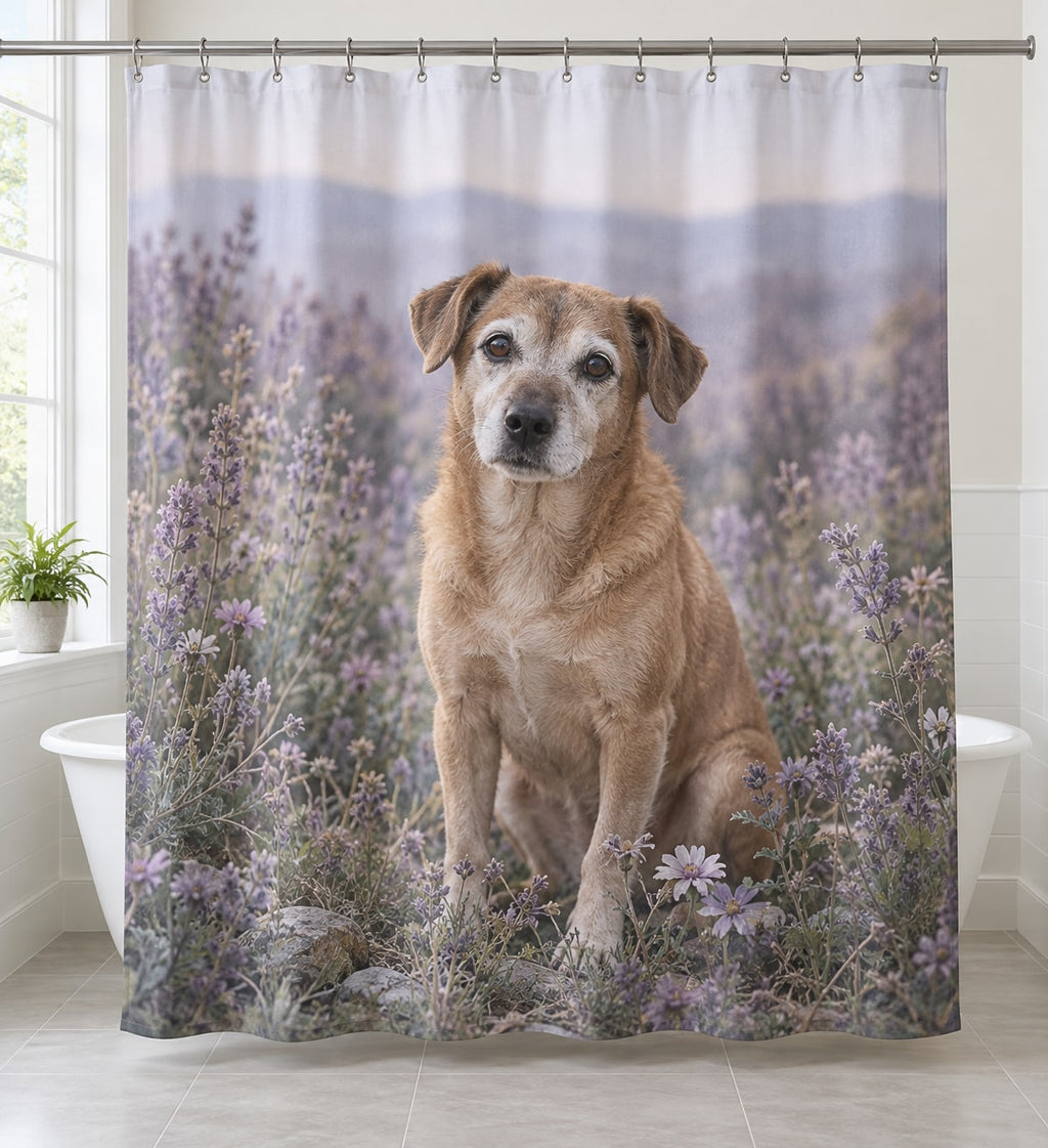 Senior Dog Companion Shower Curtain with dimensional printed themed artwork; representative AI-generated mockup.