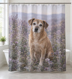 Senior Dog Companion Shower Curtain with dimensional printed themed artwork; representative AI-generated mockup.