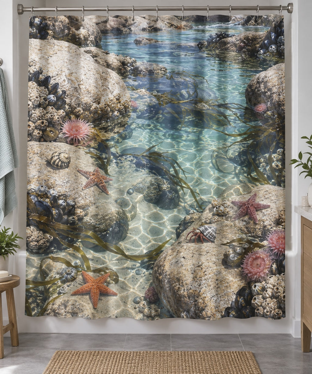 Tide Pool Creatures Shower Curtain with dimensional printed themed artwork; representative AI-generated mockup.