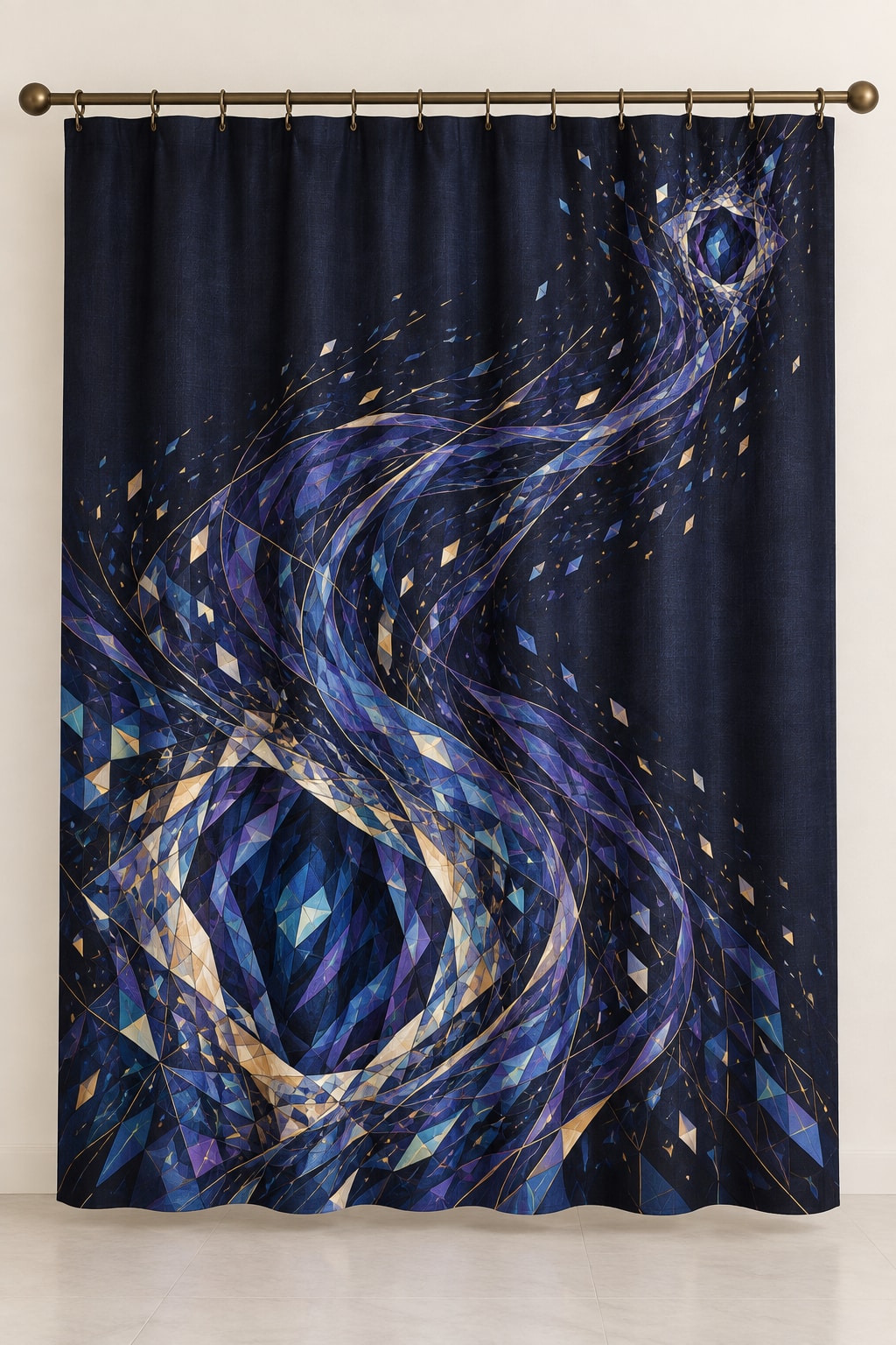 Nocturne Orrery Shower Curtain with dimensional printed themed artwork; representative AI-generated mockup.