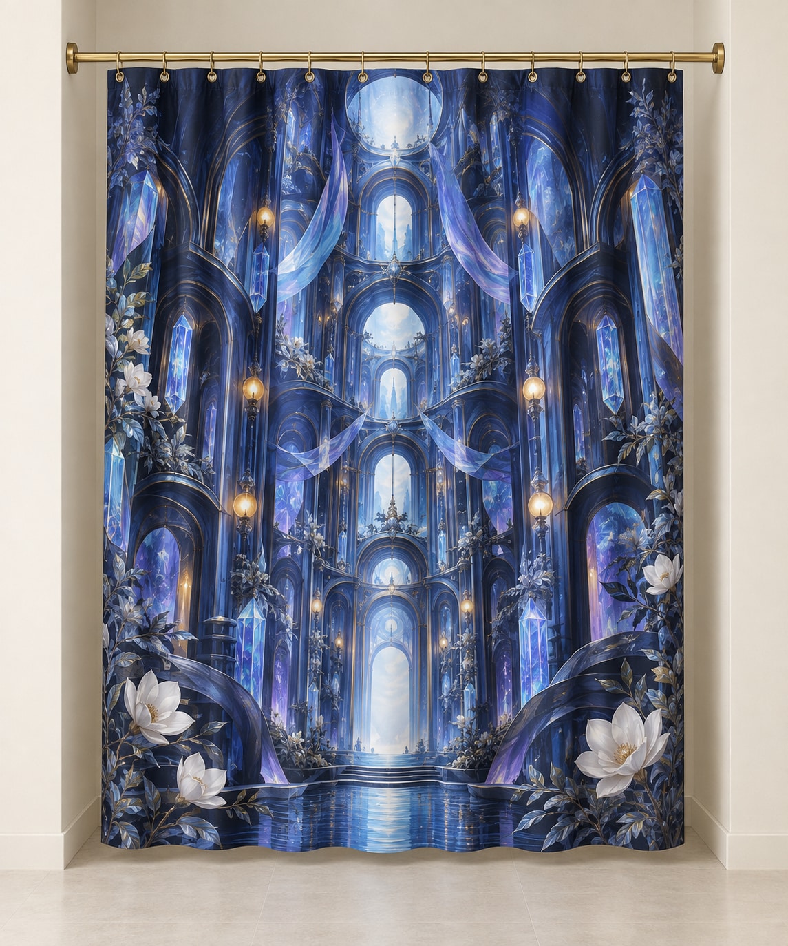 Logic Aurora Nexus Shower Curtain with dimensional printed themed artwork; representative AI-generated mockup.