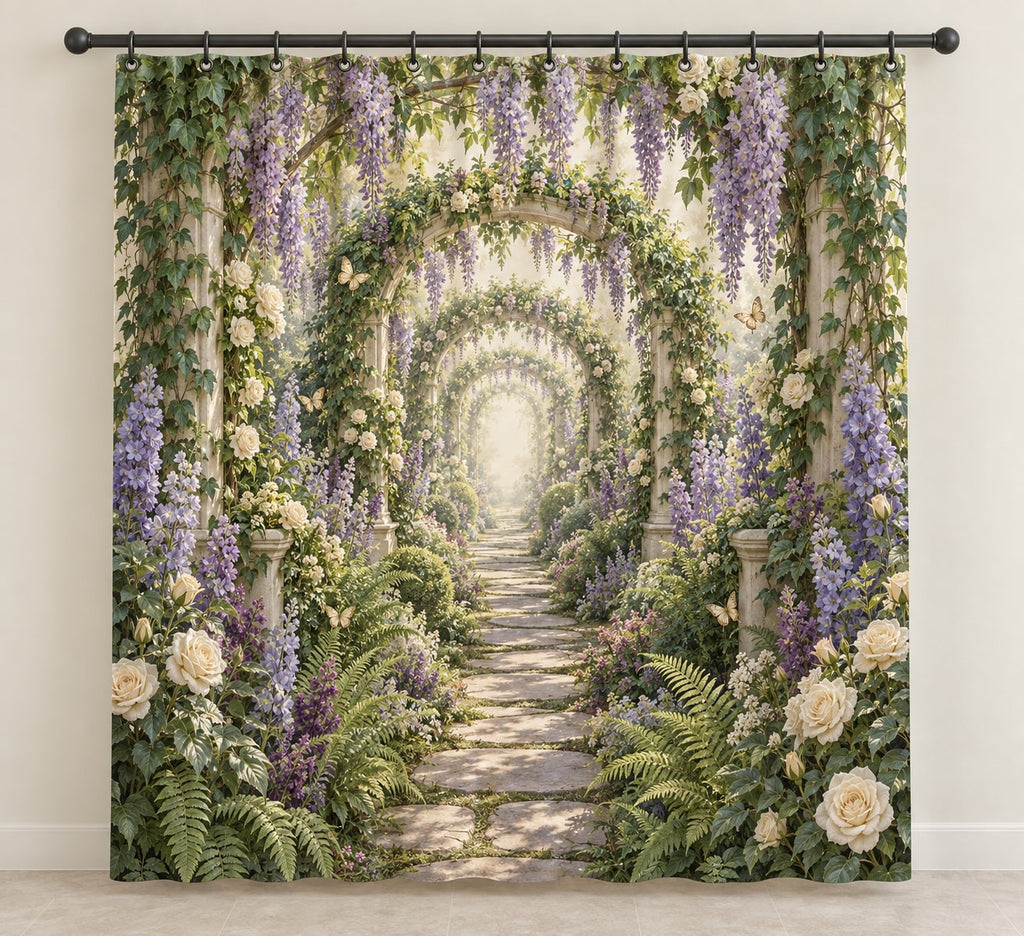 Retirement Garden Portal Shower Curtain with dimensional printed themed artwork; representative AI-generated mockup.