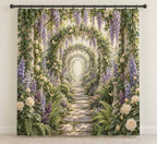 Retirement Garden Portal Shower Curtain with dimensional printed themed artwork; representative AI-generated mockup.