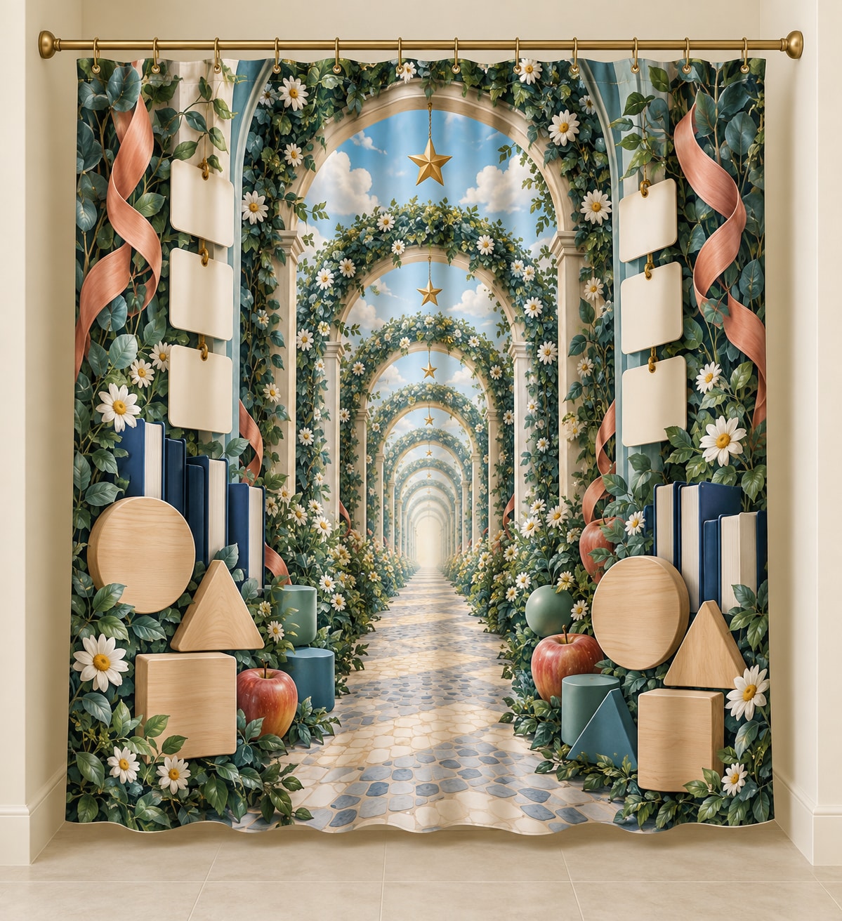 Inclusive Learning Sanctuary Shower Curtain with dimensional printed themed artwork; representative AI-generated mockup.
