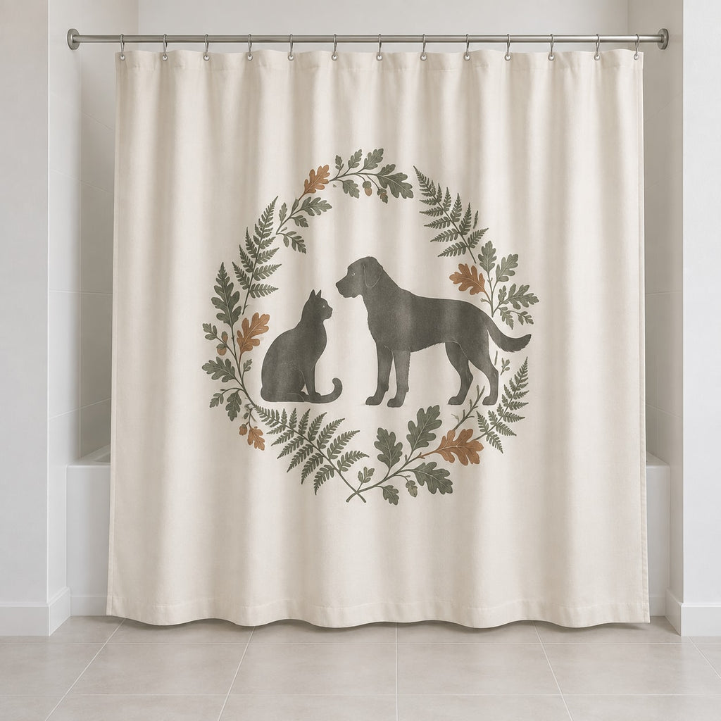 Woodland Pet Silhouette Shower Curtain with dimensional printed themed artwork; representative AI-generated mockup.