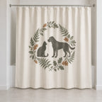 Woodland Pet Silhouette Shower Curtain with dimensional printed themed artwork; representative AI-generated mockup.