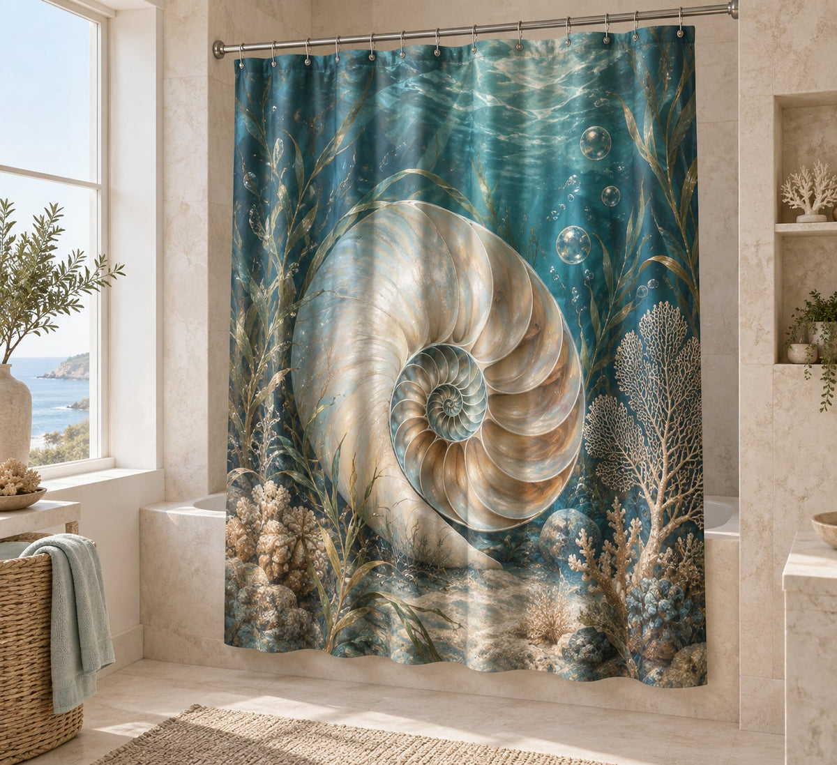 Nautilus Spiral Shower Curtain with dimensional printed themed artwork; representative AI-generated mockup.