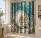 Nautilus Spiral Shower Curtain with dimensional printed themed artwork; representative AI-generated mockup.