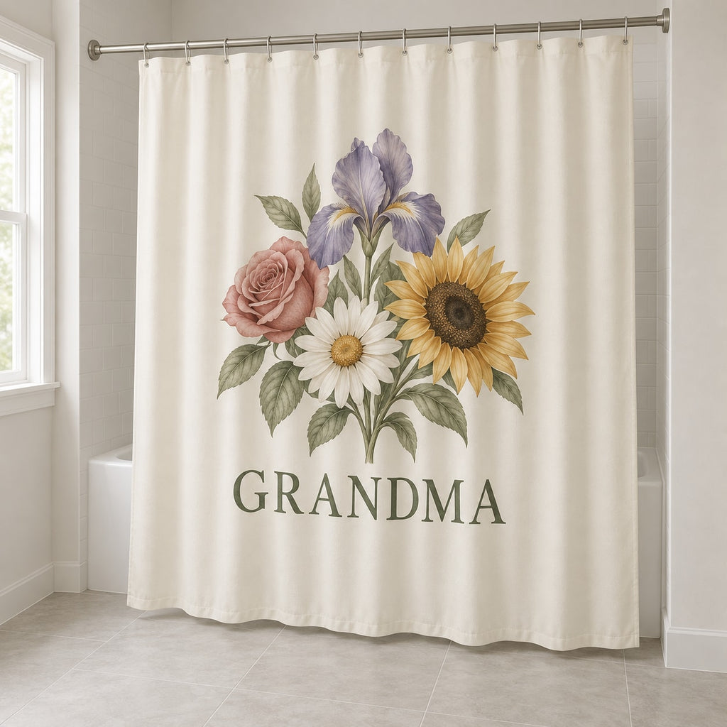 Grandmother Birth Flower Garden Shower Curtain with dimensional printed themed artwork; representative AI-generated mockup.