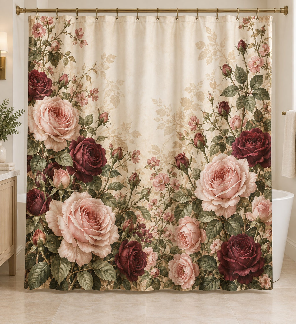 Rose Herbarium Shower Curtain with dimensional printed themed artwork; representative AI-generated mockup.