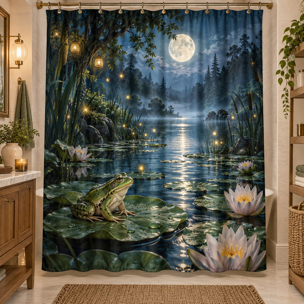Enchanted Frog Pond Shower Curtain with dimensional printed themed artwork; representative AI-generated mockup.