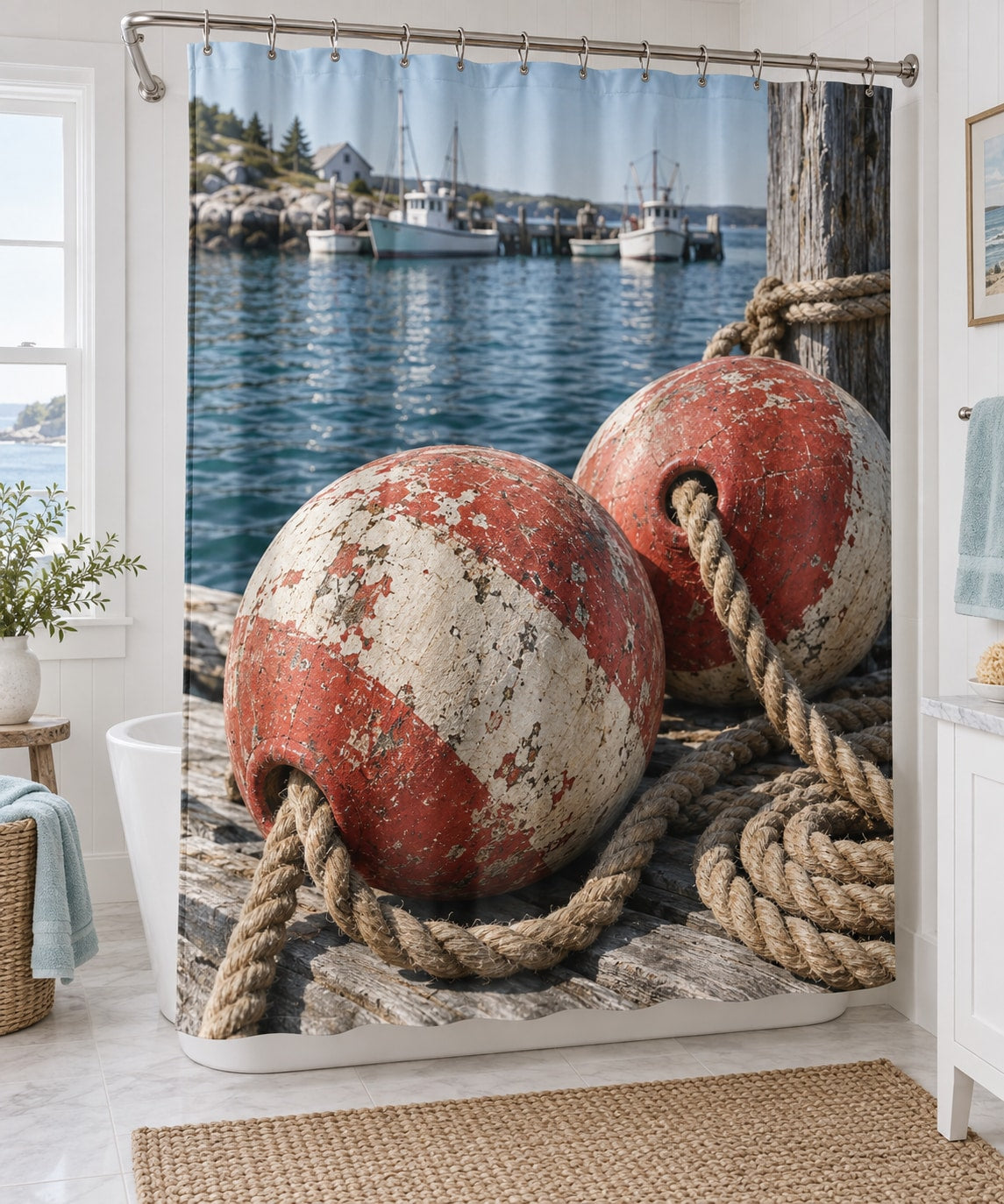 Buoy and Rope Shower Curtain with dimensional printed themed artwork; representative AI-generated mockup.
