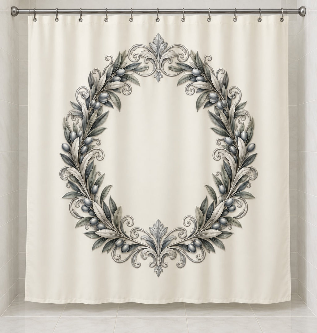 Silver Anniversary Olive Halo Shower Curtain with dimensional printed themed artwork; representative AI-generated mockup.