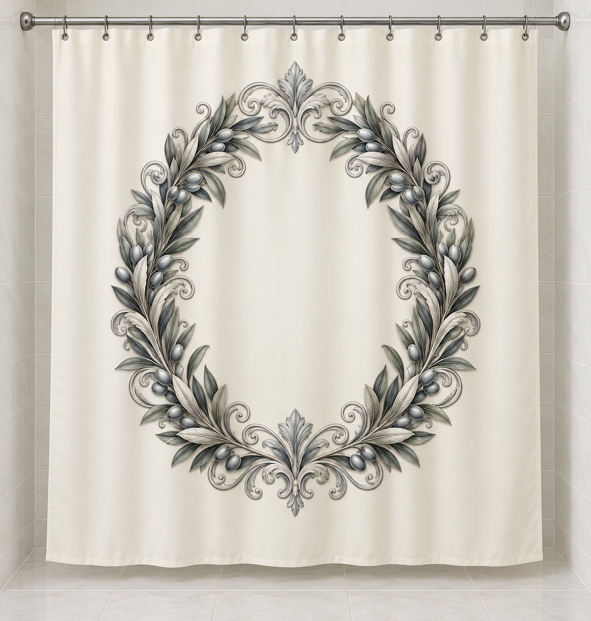 Silver Anniversary Olive Halo Shower Curtain with dimensional printed themed artwork; representative AI-generated mockup.