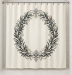 Silver Anniversary Olive Halo Shower Curtain with dimensional printed themed artwork; representative AI-generated mockup.
